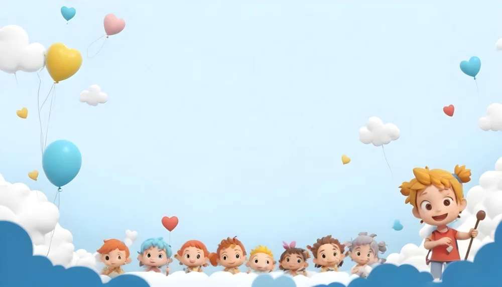 Digital Painting A Row Of Cartoon Children With Various Hairstyles And Expressions Some Holding Toys Against A Light Blue Background With Simple Clouds And Hearts Bold And Slim Lines Brush Strokes 6 0c5b