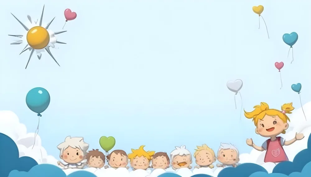 Digital Painting A Row Of Cartoon Children With Various Hairstyles And Expressions Some Holding Toys Against A Light Blue Background With Simple Clouds And Hearts Bold And Slim Lines Brush Strokes 7 9ef0