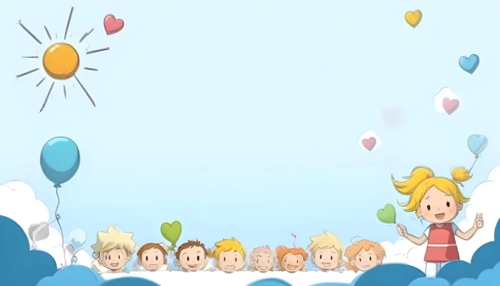 Digital Painting A Row Of Cartoon Children With Various Hairstyles And Expressions Some Holding Toys Against A Light Blue Background With Simple Clouds And Hearts Bold And Slim Lines Brush Strokes 8 E56c