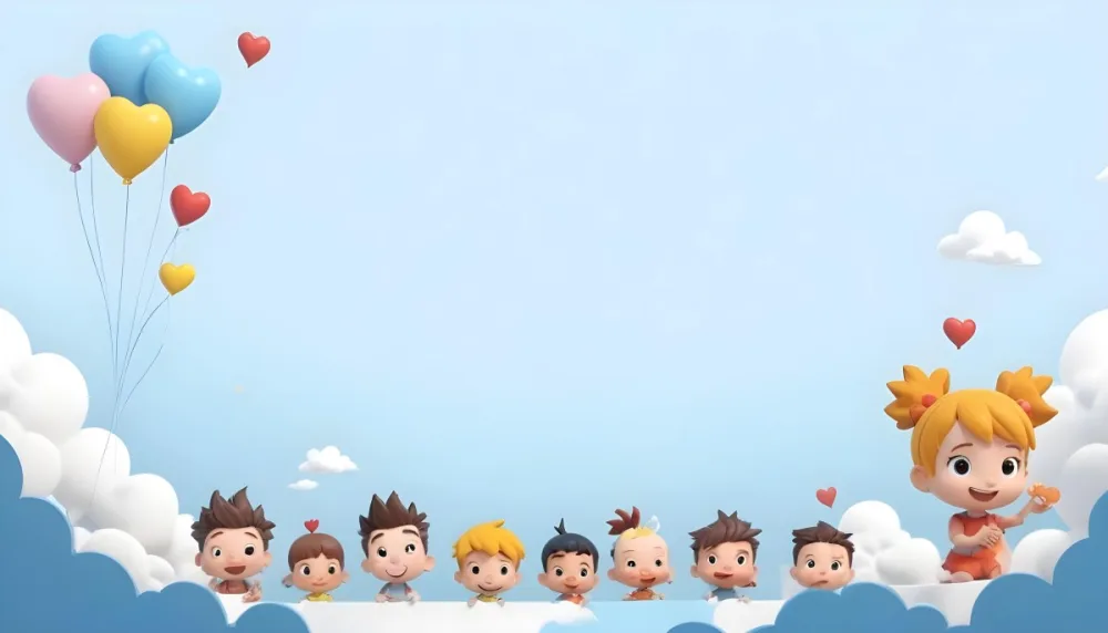 Digital Painting A Row Of Cartoon Children With Various Hairstyles And Expressions Some Holding Toys Against A Light Blue Background With Simple Clouds And Hearts Bold And Slim Lines Brush Strokes 9 C2d4