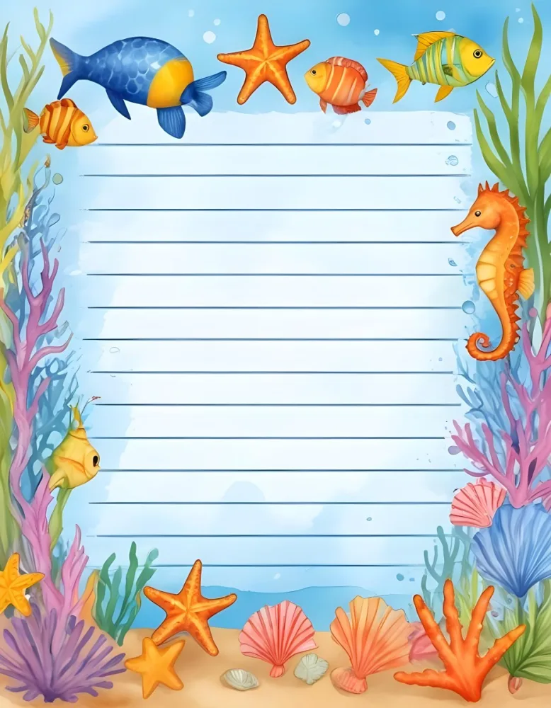 Digital Painting A Stationery Paper With A Marine Life Frame Including Seahorses Starfish Seaweed Shells And Colorful Fish With A Blue Watercolor Background Bold And Slim Lines Brush Strokes 12 1fd1