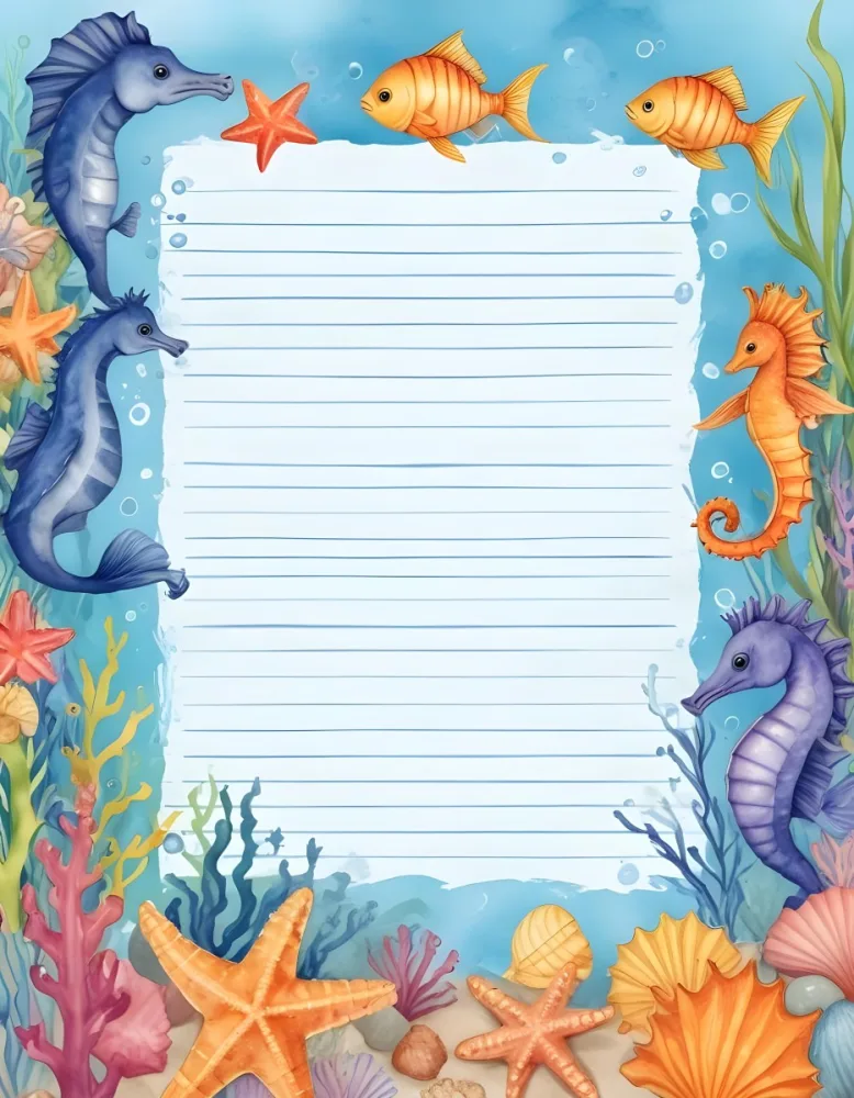 Digital Painting A Stationery Paper With A Marine Life Frame Including Seahorses Starfish Seaweed Shells And Colorful Fish With A Blue Watercolor Background Bold And Slim Lines Brush Strokes 19 E7b0
