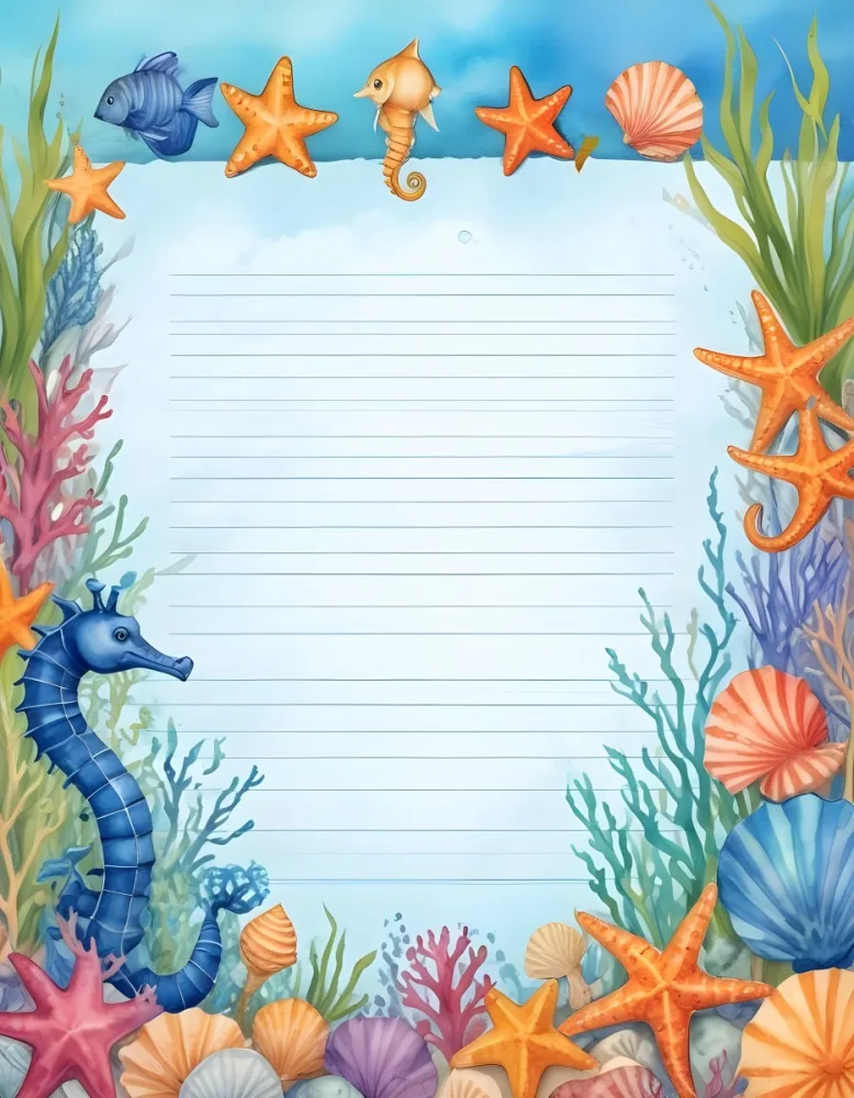 Digital Painting A Stationery Paper With A Marine Life Frame Including Seahorses Starfish Seaweed Shells And Colorful Fish With A Blue Watercolor Background Bold And Slim Lines Brush Strokes 24 C3fe