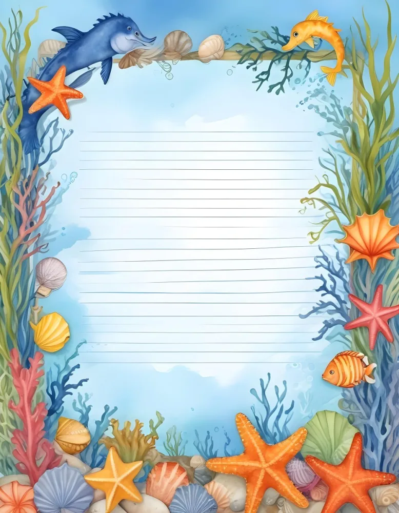 Digital Painting A Stationery Paper With A Marine Life Frame Including Seahorses Starfish Seaweed Shells And Colorful Fish With A Blue Watercolor Background Bold And Slim Lines Brush Strokes 28 6bea