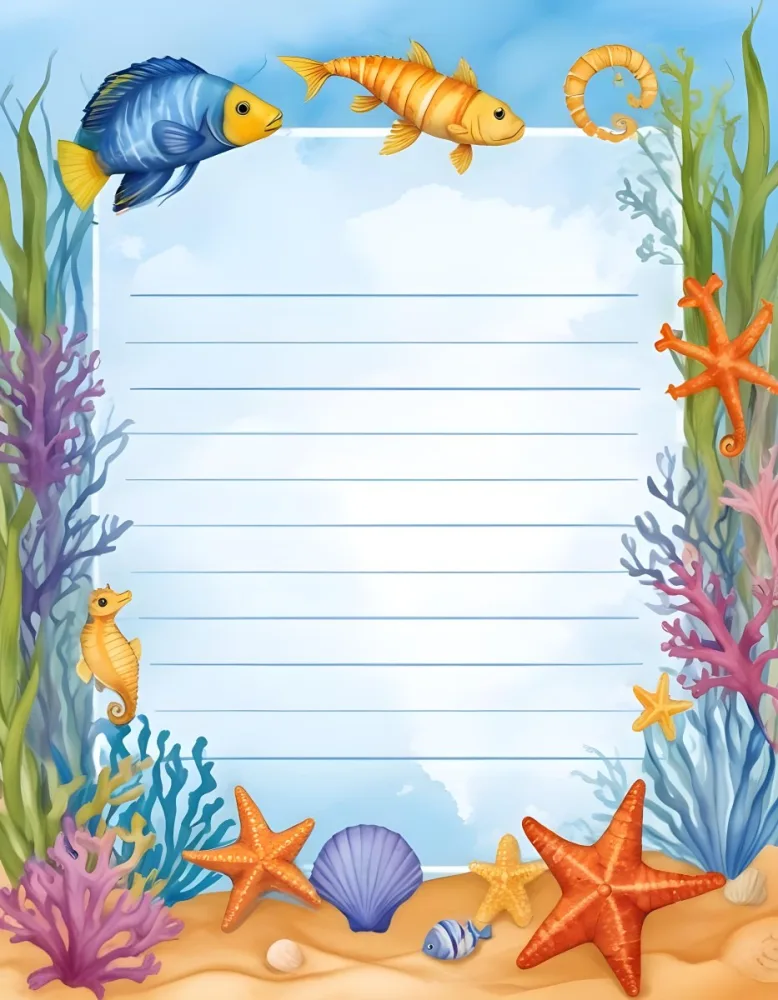 Digital Painting A Stationery Paper With A Marine Life Frame Including Seahorses Starfish Seaweed Shells And Colorful Fish With A Blue Watercolor Background Bold And Slim Lines Brush Strokes 31 99ed