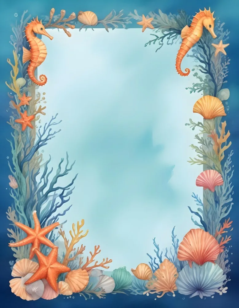 Digital Painting A Stationery Paper With A Marine Life Frame Including Seahorses Starfish Seaweed Shells And Colorful Fish With A Blue Watercolor Background Bold And Slim Lines Brush Strokes 35 0c3f