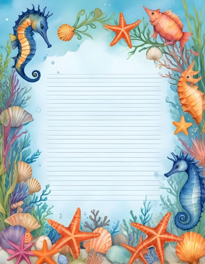 Digital Painting A Stationery Paper With A Marine Life Frame Including Seahorses Starfish Seaweed Shells And Colorful Fish With A Blue Watercolor Background Bold And Slim Lines Brush Strokes 39 Bf6c