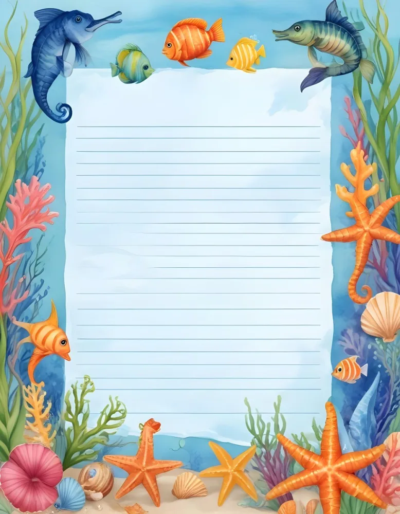 Digital Painting A Stationery Paper With A Marine Life Frame Including Seahorses Starfish Seaweed Shells And Colorful Fish With A Blue Watercolor Background Bold And Slim Lines Brush Strokes 40 C244