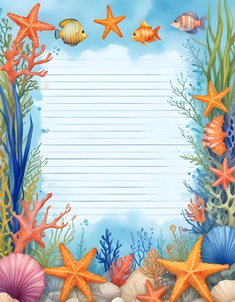 Digital Painting A Stationery Paper With A Marine Life Frame Including Seahorses Starfish Seaweed Shells And Colorful Fish With A Blue Watercolor Background Bold And Slim Lines Brush Strokes 44 0fa0