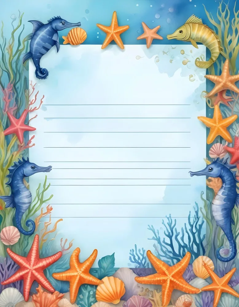 Digital Painting A Stationery Paper With A Marine Life Frame Including Seahorses Starfish Seaweed Shells And Colorful Fish With A Blue Watercolor Background Bold And Slim Lines Brush Strokes 45 3596
