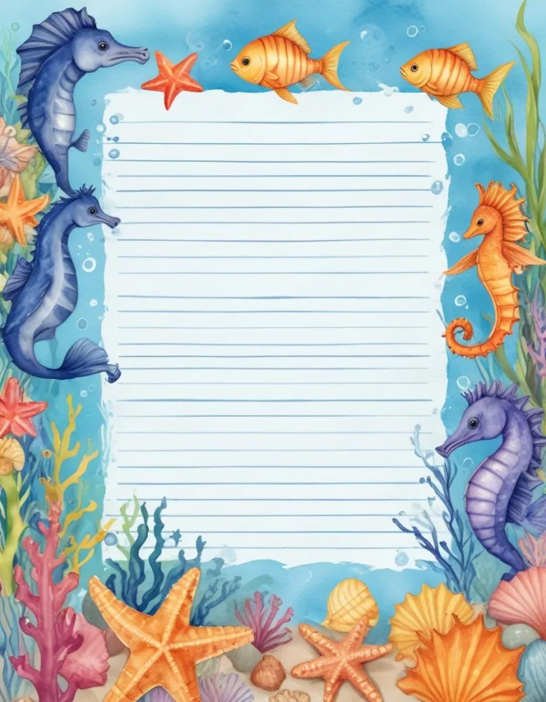 Digital Painting A Stationery Paper With A Marine Life Frame Including Seahorses Starfish Seaweed Shells And Colorful Fish With A Blue Watercolor Background Bold And Slim Lines Brush Strokes 46 E7a3