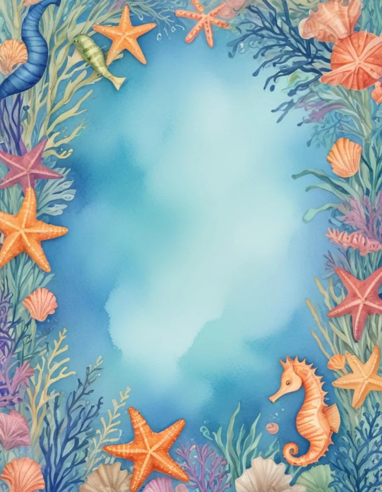 Digital Painting A Stationery Paper With A Marine Life Frame Including Seahorses Starfish Seaweed Shells And Colorful Fish With A Blue Watercolor Background Bold And Slim Lines Brush Strokes 48 80a3