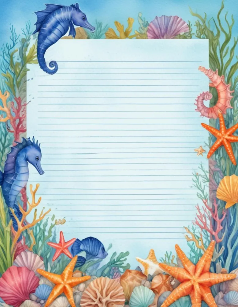 Digital Painting A Stationery Paper With A Marine Life Frame Including Seahorses Starfish Seaweed Shells And Colorful Fish With A Blue Watercolor Background Bold And Slim Lines Brush Strokes 50 B0ba