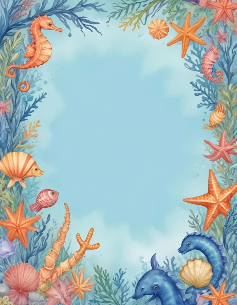 Digital Painting A Stationery Paper With A Marine Life Frame Including Seahorses Starfish Seaweed Shells And Colorful Fish With A Blue Watercolor Background Bold And Slim Lines Brush Strokes 51 Fb18