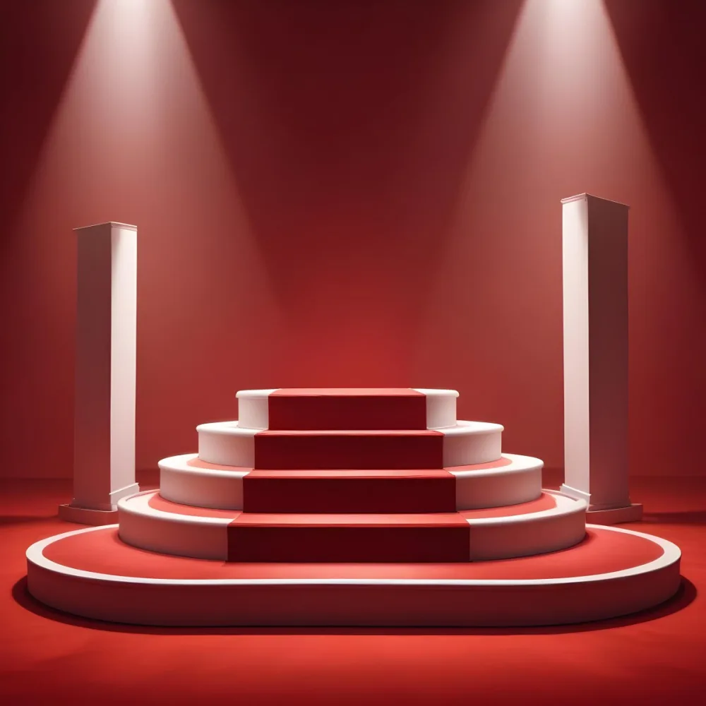 Digital Painting A Three Tiered White Podium With Red Carpet Illuminated By Two Spotlights Against A Solid Red Background Casting Shadows And Creating A Sense Of Depth Bold And Slim Lines Brush Strokes 12 62eb