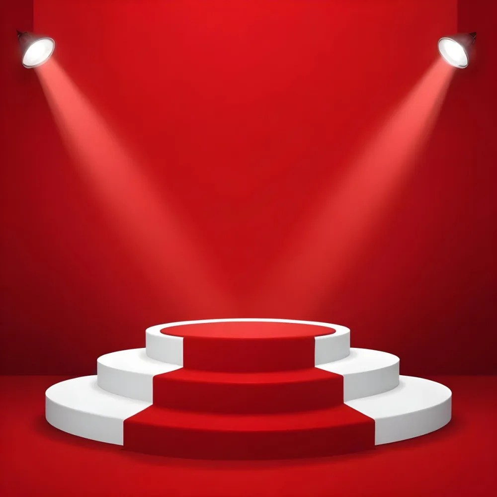 Digital Painting A Three Tiered White Podium With Red Carpet Illuminated By Two Spotlights Against A Solid Red Background Casting Shadows And Creating A Sense Of Depth Bold And Slim Lines Brush Strokes 13 8f55