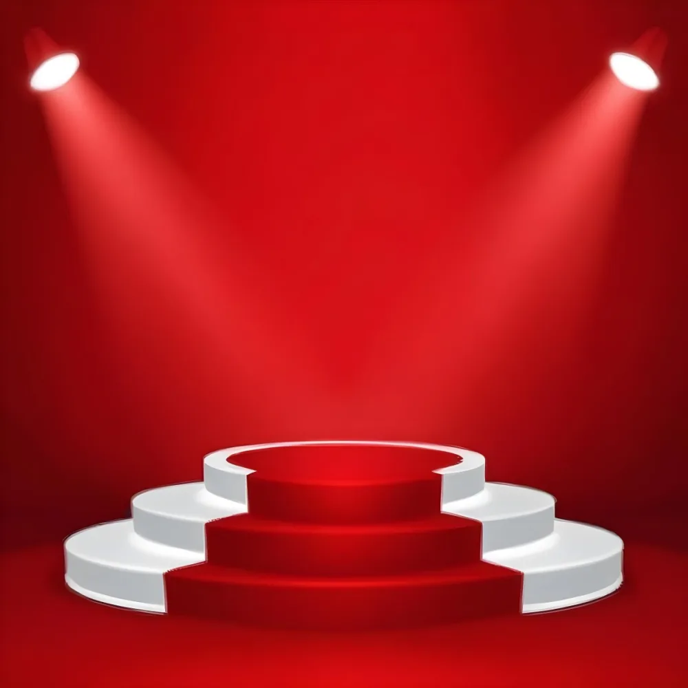 Digital Painting A Three Tiered White Podium With Red Carpet Illuminated By Two Spotlights Against A Solid Red Background Casting Shadows And Creating A Sense Of Depth Bold And Slim Lines Brush Strokes 16 B201