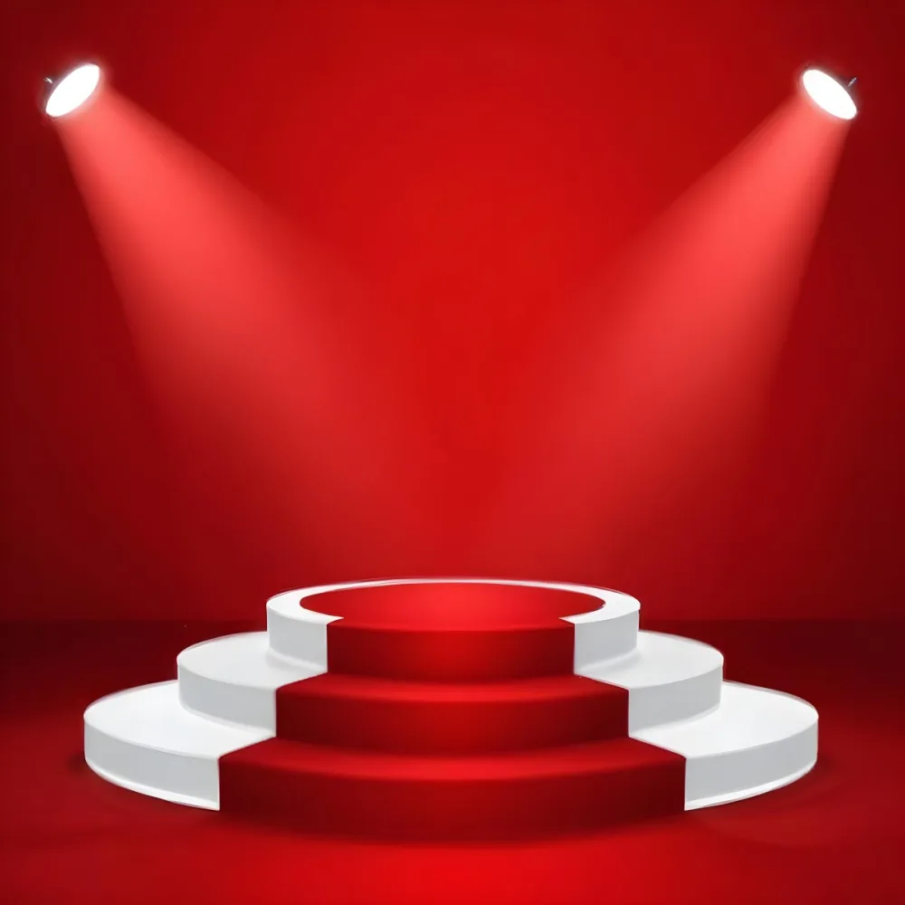Digital Painting A Three Tiered White Podium With Red Carpet Illuminated By Two Spotlights Against A Solid Red Background Casting Shadows And Creating A Sense Of Depth Bold And Slim Lines Brush Strokes 17 3cba