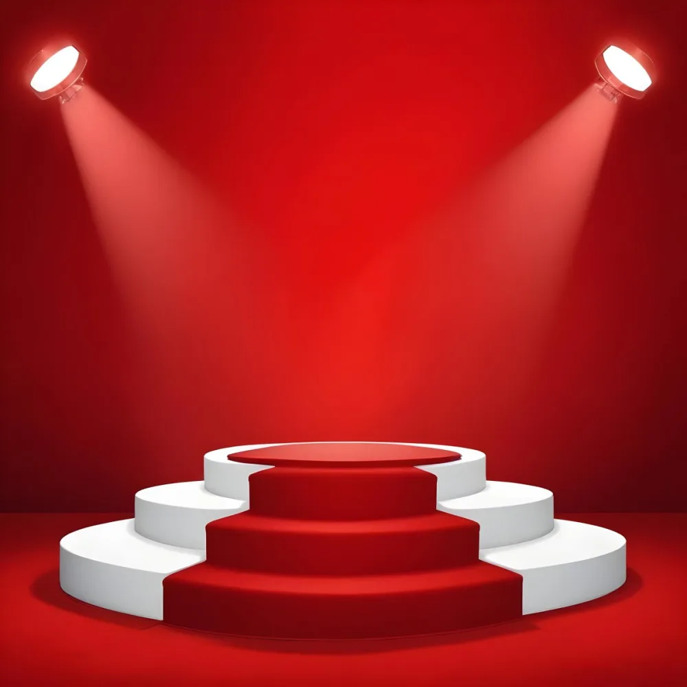 Digital Painting A Three Tiered White Podium With Red Carpet Illuminated By Two Spotlights Against A Solid Red Background Casting Shadows And Creating A Sense Of Depth Bold And Slim Lines Brush Strokes 2 C9e5
