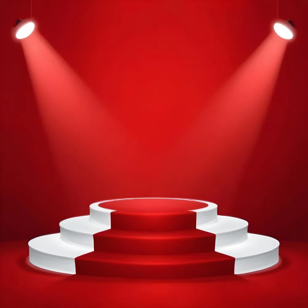 Digital Painting A Three Tiered White Podium With Red Carpet Illuminated By Two Spotlights Against A Solid Red Background Casting Shadows And Creating A Sense Of Depth Bold And Slim Lines Brush Strokes 24 36fa