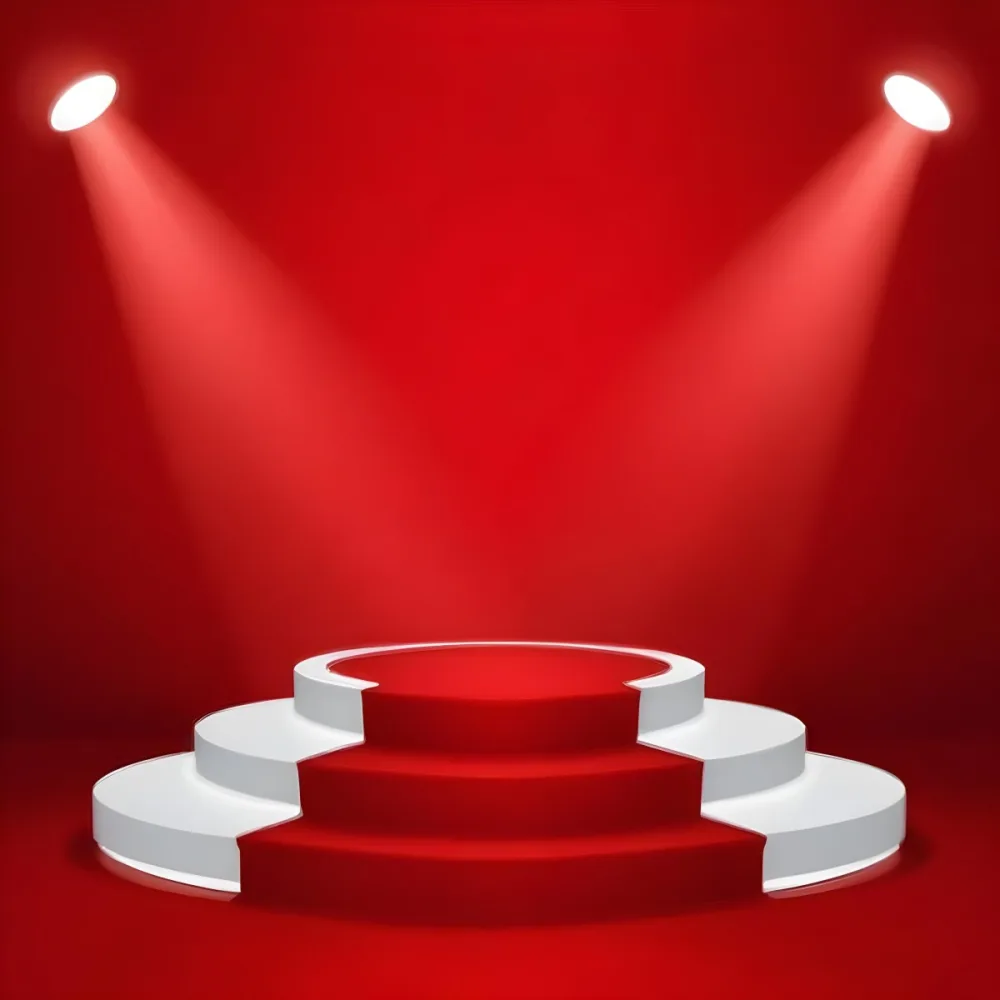 Digital Painting A Three Tiered White Podium With Red Carpet Illuminated By Two Spotlights Against A Solid Red Background Casting Shadows And Creating A Sense Of Depth Bold And Slim Lines Brush Strokes 29 67bc