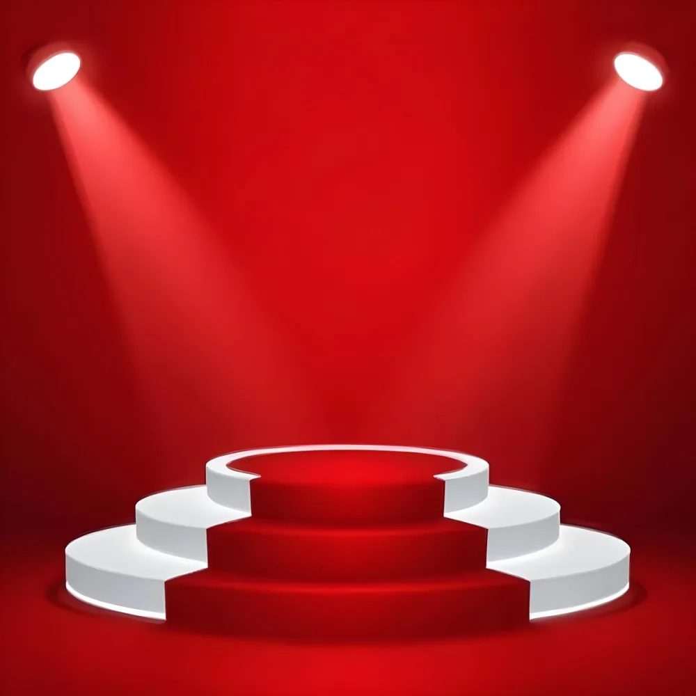Digital Painting A Three Tiered White Podium With Red Carpet Illuminated By Two Spotlights Against A Solid Red Background Casting Shadows And Creating A Sense Of Depth Bold And Slim Lines Brush Strokes 3 D457