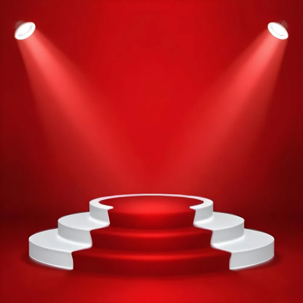 Digital Painting A Three Tiered White Podium With Red Carpet Illuminated By Two Spotlights Against A Solid Red Background Casting Shadows And Creating A Sense Of Depth Bold And Slim Lines Brush Strokes 30 6b83