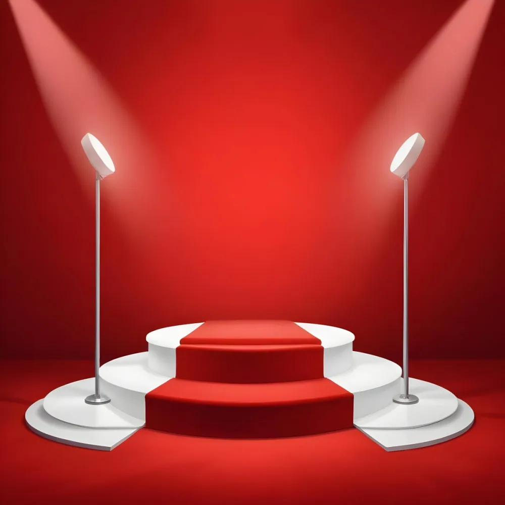 Digital Painting A Three Tiered White Podium With Red Carpet Illuminated By Two Spotlights Against A Solid Red Background Casting Shadows And Creating A Sense Of Depth Bold And Slim Lines Brush Strokes 4 A59d