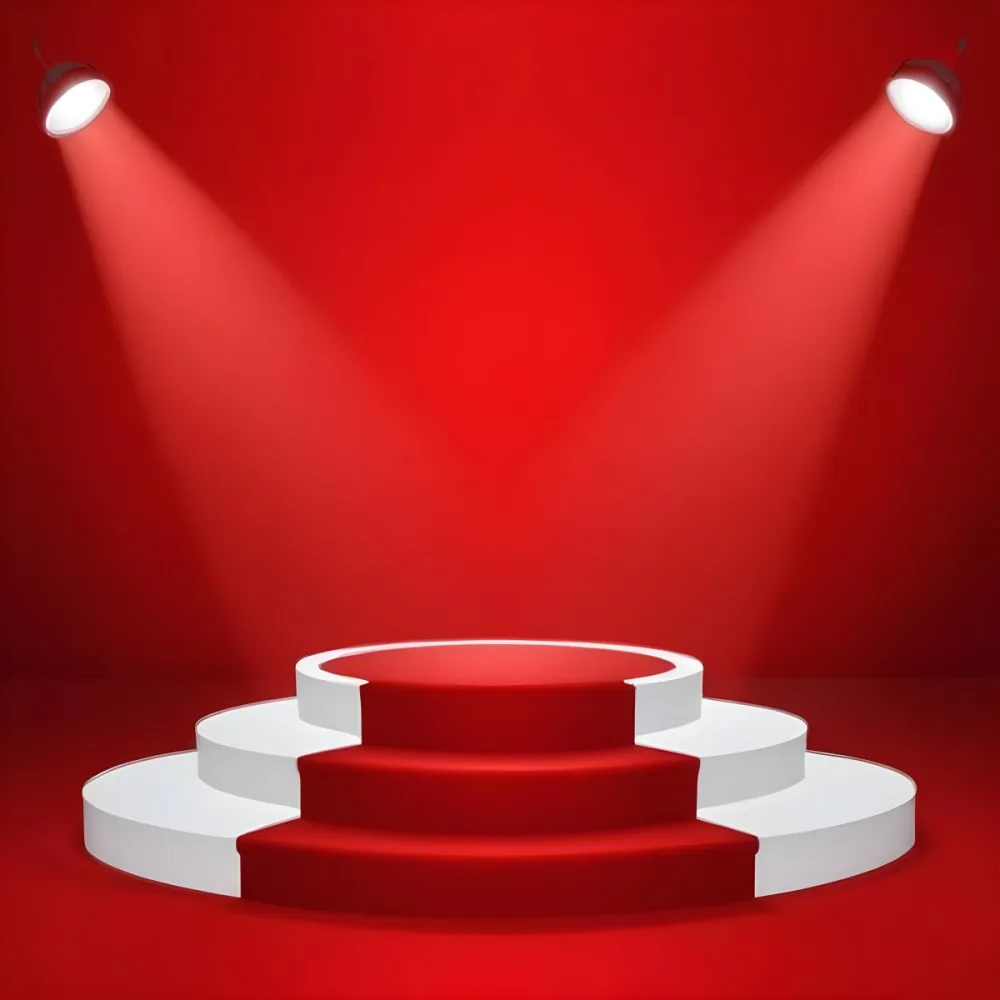 Digital Painting A Three Tiered White Podium With Red Carpet Illuminated By Two Spotlights Against A Solid Red Background Casting Shadows And Creating A Sense Of Depth Bold And Slim Lines Brush Strokes 5 1a8a