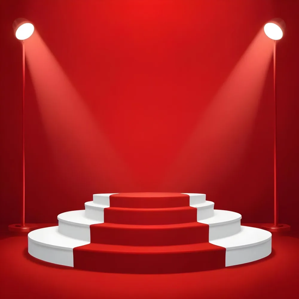 Digital Painting A Three Tiered White Podium With Red Carpet Illuminated By Two Spotlights Against A Solid Red Background Casting Shadows And Creating A Sense Of Depth Bold And Slim Lines Brush Strokes 6 657a