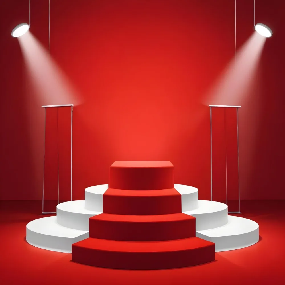 Digital Painting A Three Tiered White Podium With Red Carpet Illuminated By Two Spotlights Against A Solid Red Background Casting Shadows And Creating A Sense Of Depth Bold And Slim Lines Brush Strokes 8 D0dc