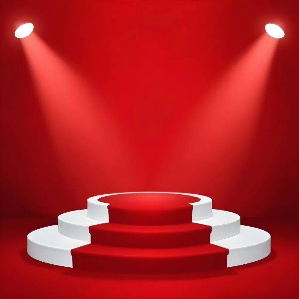 Digital Painting A Three Tiered White Podium With Red Carpet Illuminated By Two Spotlights Against A Solid Red Background Casting Shadows And Creating A Sense Of Depth Bold And Slim Lines Brush Strokes 9 D72c
