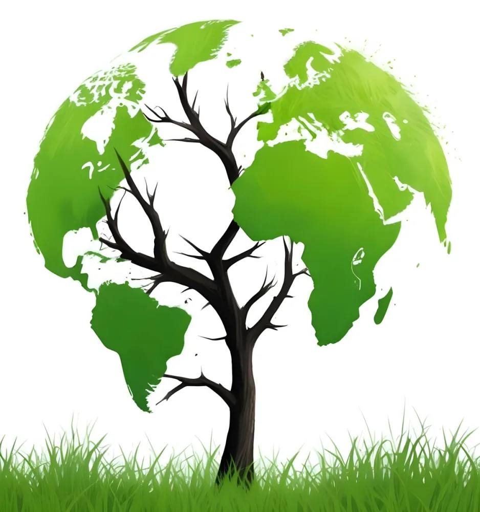 Digital Painting A Tree With A Trunk And Branches The Foliage Is The Shape Of The World Continents Green Grass At The Bottom White Background Bold And Slim Lines Brush Strokes 6 13ed