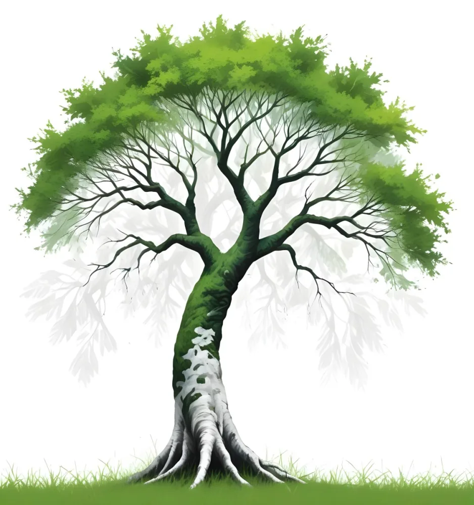 Digital Painting A Tree With A Trunk And Branches The Foliage Is The Shape Of The World Continents Green Grass At The Bottom White Background Bold And Slim Lines Brush Strokes 9 79c6