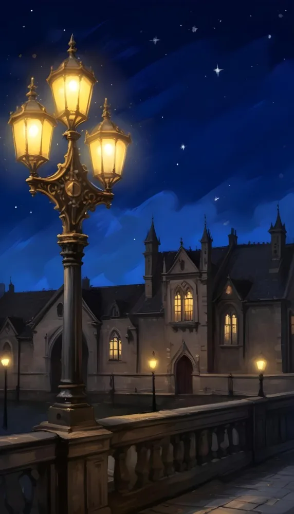 Digital Painting A Vintage Street Lamp With Three Lights Illuminating A Gothic Building At Night Stars In The Sky Dark Blue Background Bold And Slim Lines Brush Strokes 1 Ef9e