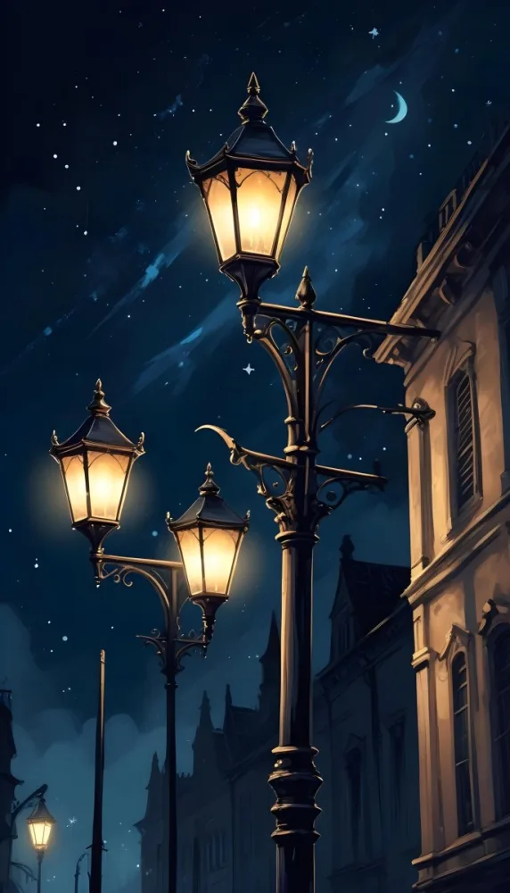 Digital Painting A Vintage Street Lamp With Three Lights Illuminating A Gothic Building At Night Stars In The Sky Dark Blue Background Bold And Slim Lines Brush Strokes 11 Ba86