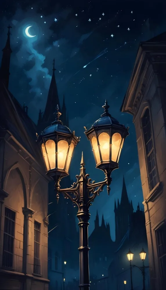 Digital Painting A Vintage Street Lamp With Three Lights Illuminating A Gothic Building At Night Stars In The Sky Dark Blue Background Bold And Slim Lines Brush Strokes 12 11d5