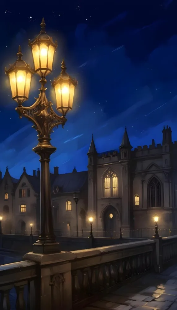 Digital Painting A Vintage Street Lamp With Three Lights Illuminating A Gothic Building At Night Stars In The Sky Dark Blue Background Bold And Slim Lines Brush Strokes 2 7523