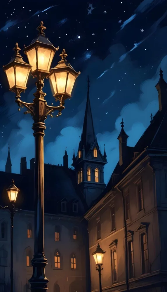 Digital Painting A Vintage Street Lamp With Three Lights Illuminating A Gothic Building At Night Stars In The Sky Dark Blue Background Bold And Slim Lines Brush Strokes 6 4b8b