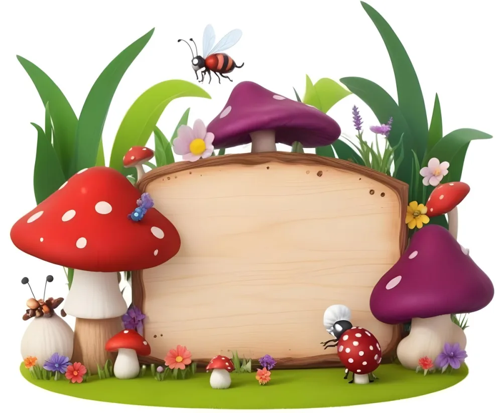 Digital Painting A Whimsical Scene Featuring A Small Mushroom House With A Red Roof And White Spots Surrounded By Large Purple Mushrooms Green Grass And Colorful Flowers There Are Several Cartoonish Ants One Wearing 13 F398