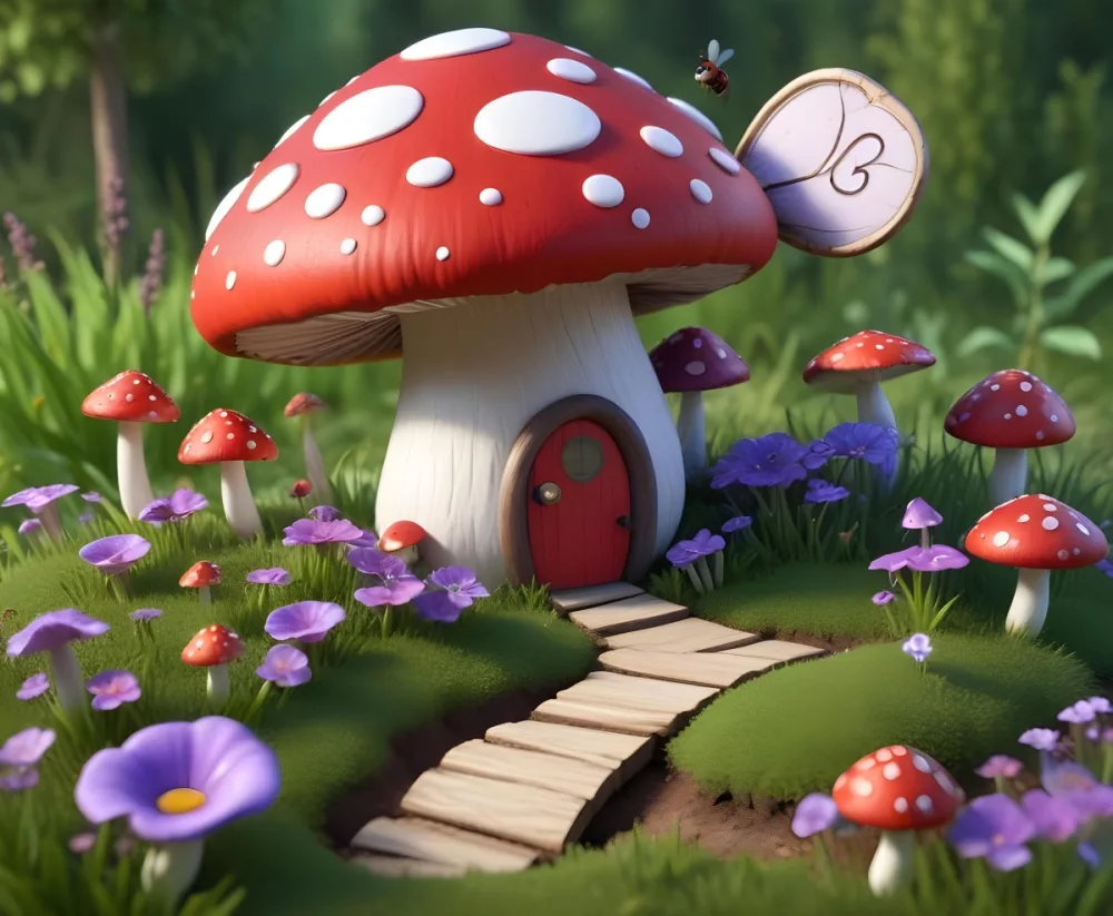 Digital Painting A Whimsical Scene Featuring A Small Mushroom House With A Red Roof And White Spots Surrounded By Large Purple Mushrooms Green Grass And Colorful Flowers There Are Several Cartoonish Ants One Wearing 23 D32c
