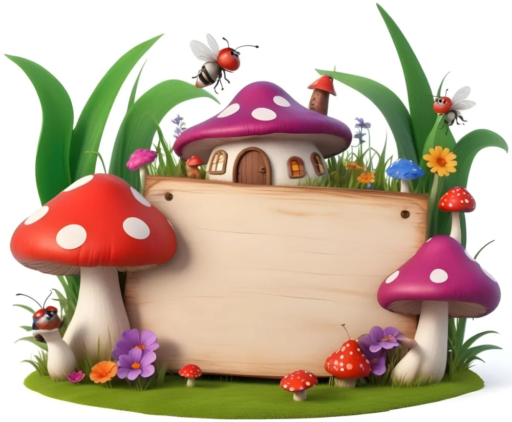 Digital Painting A Whimsical Scene Featuring A Small Mushroom House With A Red Roof And White Spots Surrounded By Large Purple Mushrooms Green Grass And Colorful Flowers There Are Several Cartoonish Ants One Wearing 27 Cb43