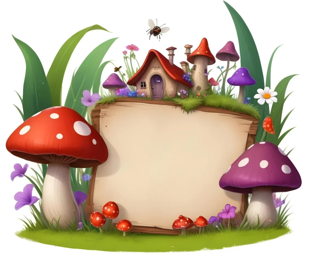 Digital Painting A Whimsical Scene Featuring A Small Mushroom House With A Red Roof And White Spots Surrounded By Large Purple Mushrooms Green Grass And Colorful Flowers There Are Several Cartoonish Ants One Wearing 33 9b13