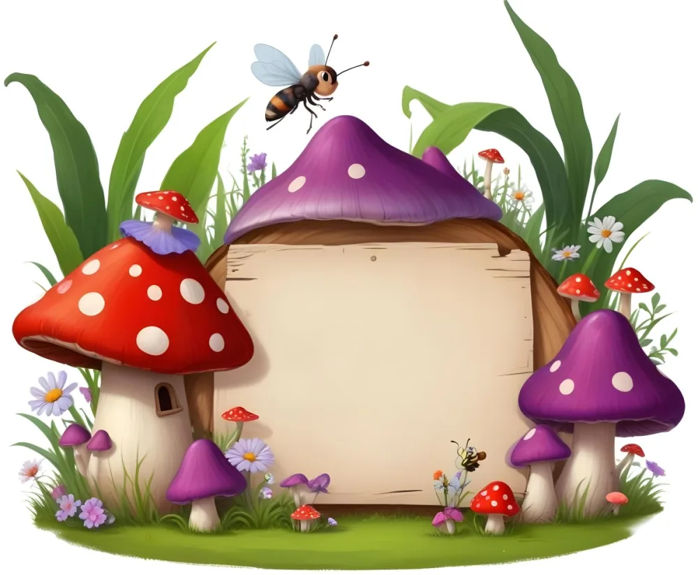 Digital Painting A Whimsical Scene Featuring A Small Mushroom House With A Red Roof And White Spots Surrounded By Large Purple Mushrooms Green Grass And Colorful Flowers There Are Several Cartoonish Ants One Wearing 43 4a7a