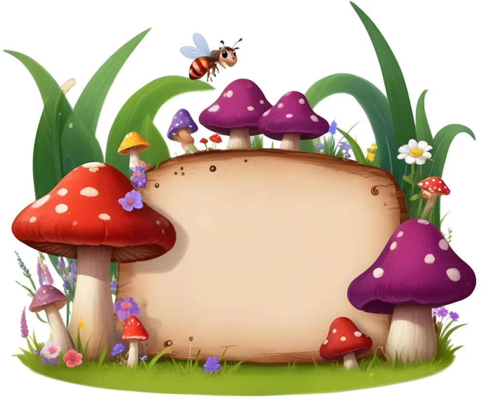 Digital Painting A Whimsical Scene Featuring A Small Mushroom House With A Red Roof And White Spots Surrounded By Large Purple Mushrooms Green Grass And Colorful Flowers There Are Several Cartoonish Ants One Wearing 44 F60c