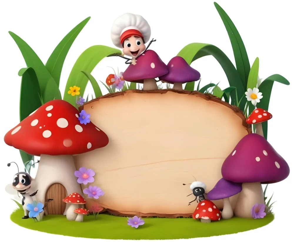 Digital Painting A Whimsical Scene Featuring A Small Mushroom House With A Red Roof And White Spots Surrounded By Large Purple Mushrooms Green Grass And Colorful Flowers There Are Several Cartoonish Ants One Wearing 5 4e06