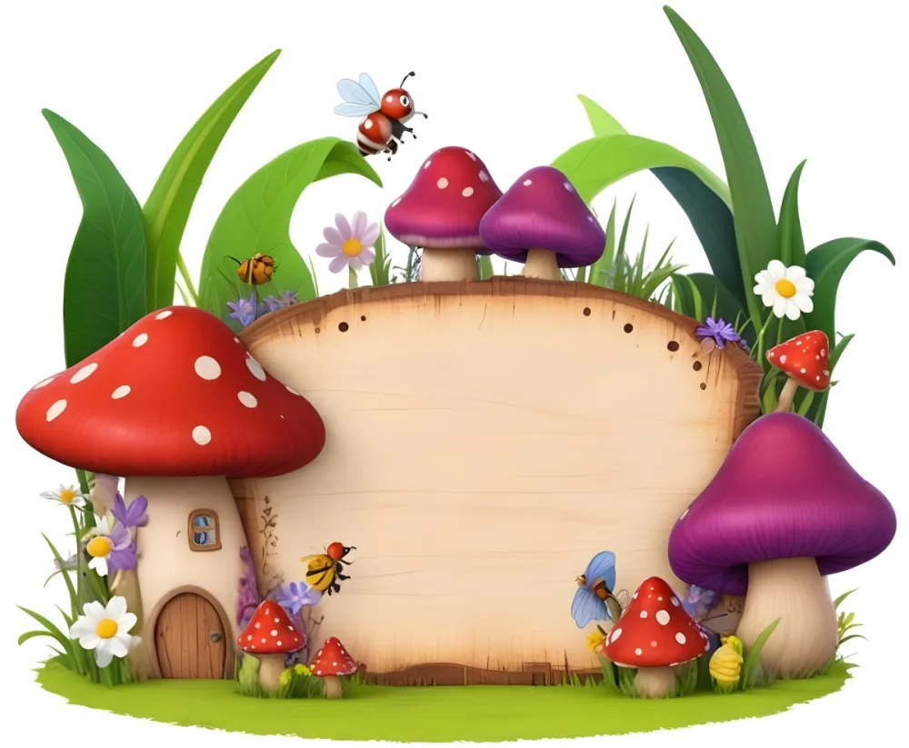 Digital Painting A Whimsical Scene Featuring A Small Mushroom House With A Red Roof And White Spots Surrounded By Large Purple Mushrooms Green Grass And Colorful Flowers There Are Several Cartoonish Ants One Wearing 6 4770