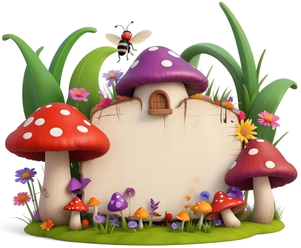 Digital Painting A Whimsical Scene Featuring A Small Mushroom House With A Red Roof And White Spots Surrounded By Large Purple Mushrooms Green Grass And Colorful Flowers There Are Several Cartoonish Ants One Wearing 7 Adc1