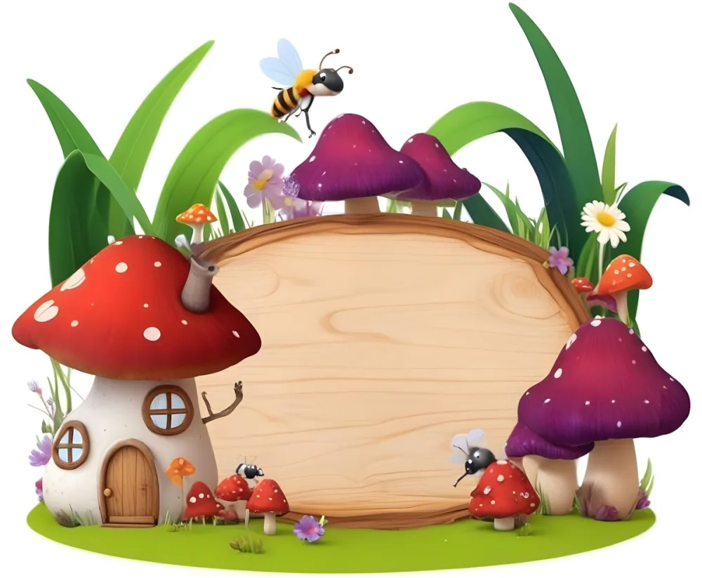 Digital Painting A Whimsical Scene Featuring A Small Mushroom House With A Red Roof And White Spots Surrounded By Large Purple Mushrooms Green Grass And Colorful Flowers There Are Several Cartoonish Ants One Wearing 9 4f33