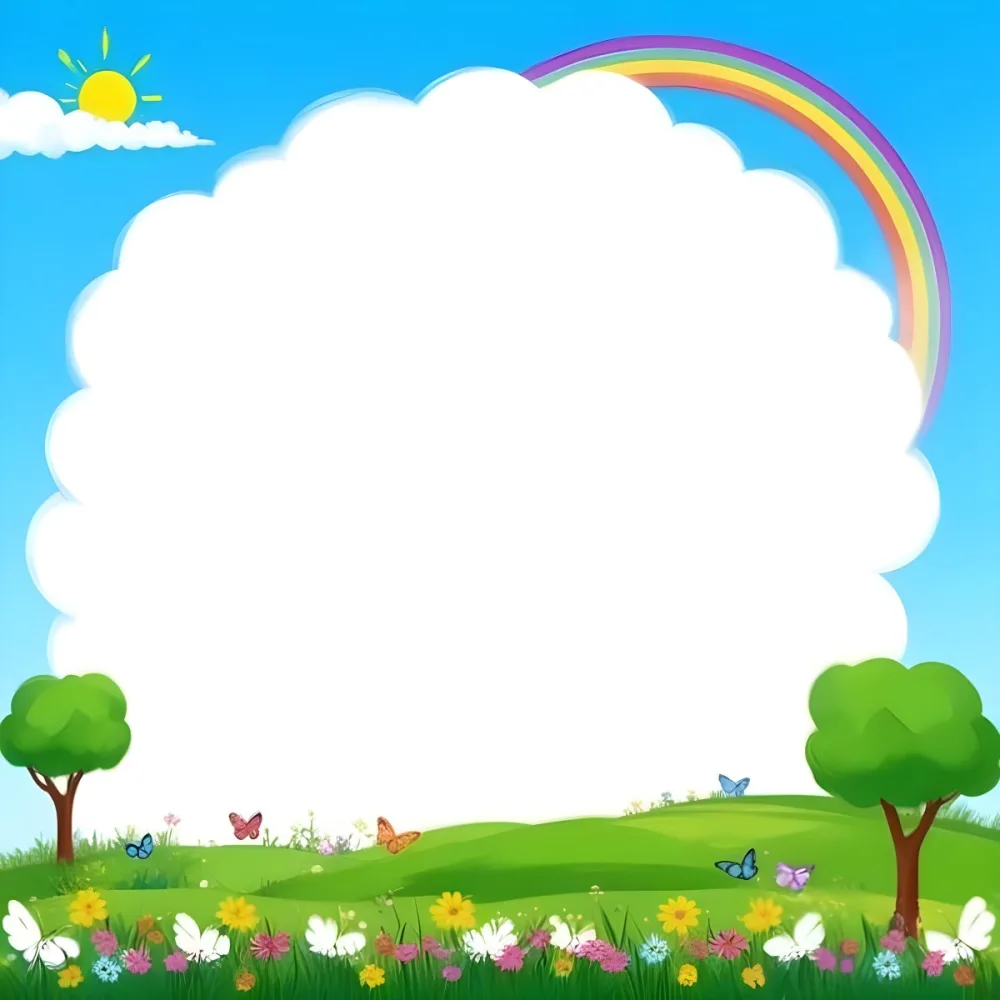 Digital Painting A White Cloud In A Blue Sky With A Rainbow A Yellow Sun And A White Cloud Green Grass With Flowers And Butterflies Bold And Slim Lines Brush Strokes 12 12ac